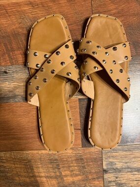 Nicole Miller Tan Studded Crisscross Slide Sandals